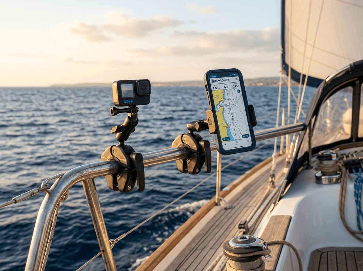 RailClamp Starter Kit installed on a yacht cockpit rail